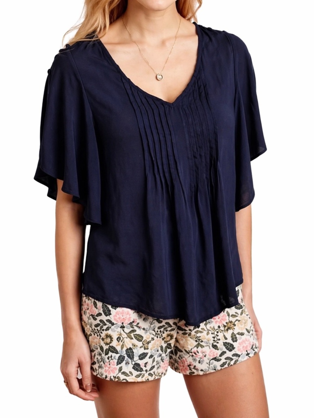 Anthropologie Maeve Maya Top Size 4 Navy Blue Pleated Flutter Sleeve V-Neck Boho